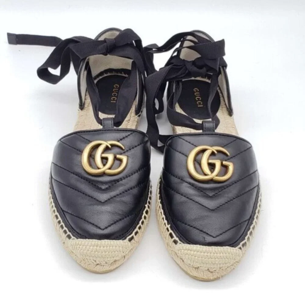 Authentic Gucci GG Marmont Espadrille Sandals Black Leather Gold Logo Brand New